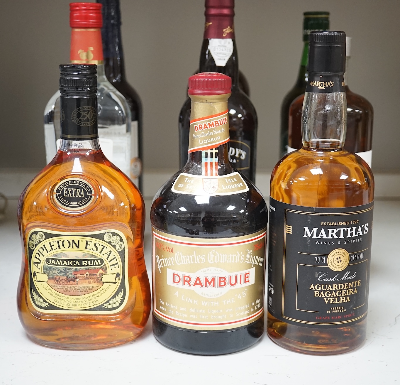 A quantity of various spirits and sherrys to include Appleton Estate Jamaica, Creme de Menthe and Blandy’s Madeira. Condition - good, storage history unknown